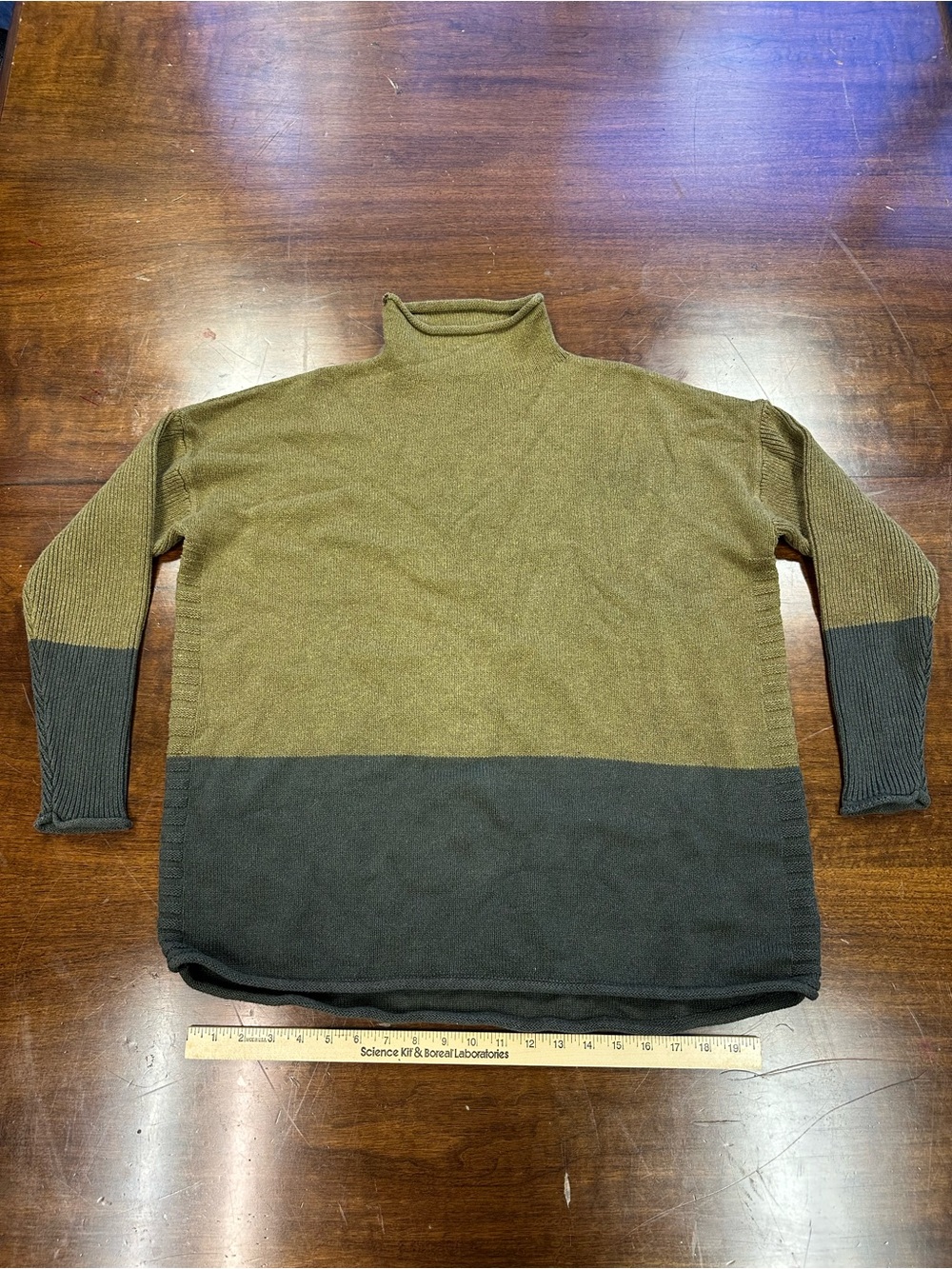 Tahari Olive Green and Black Colorblock Turtleneck Sweater
